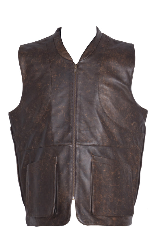 V Collared Stone Wash Leather Vest